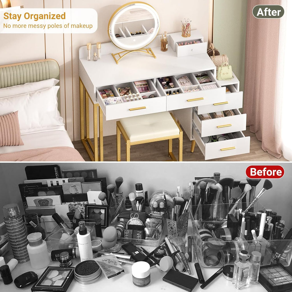 White Vanity Desk with Mirror and Lights, Modern Makeup Vanity Table Set with 6 Storage Drawers and Cushioned Stool