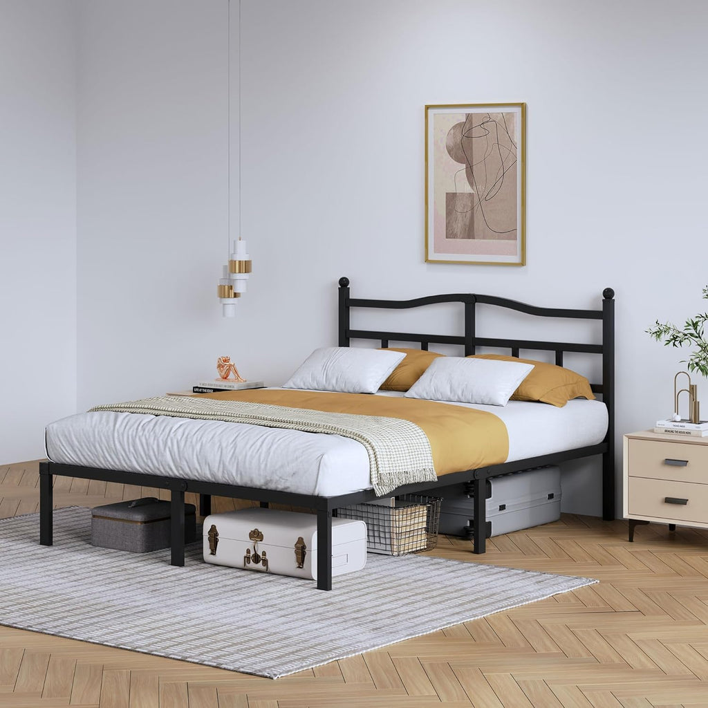 14 Inch Metal Bed Frame - Queen Heavy Duty Bedframe with Headboard Black Basic Steel Slats Platform No Box Spring