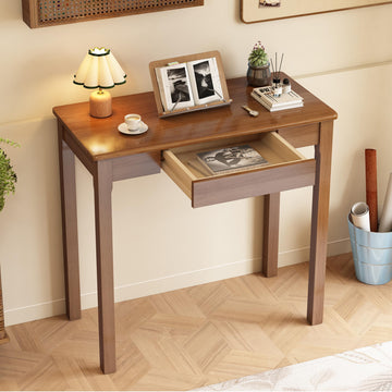 Solid Wooden Desk with Drawers - 32 x 16 Inch Narrow Desks, Rubberwood Mid Century Modern Desks, Small Writing Desk