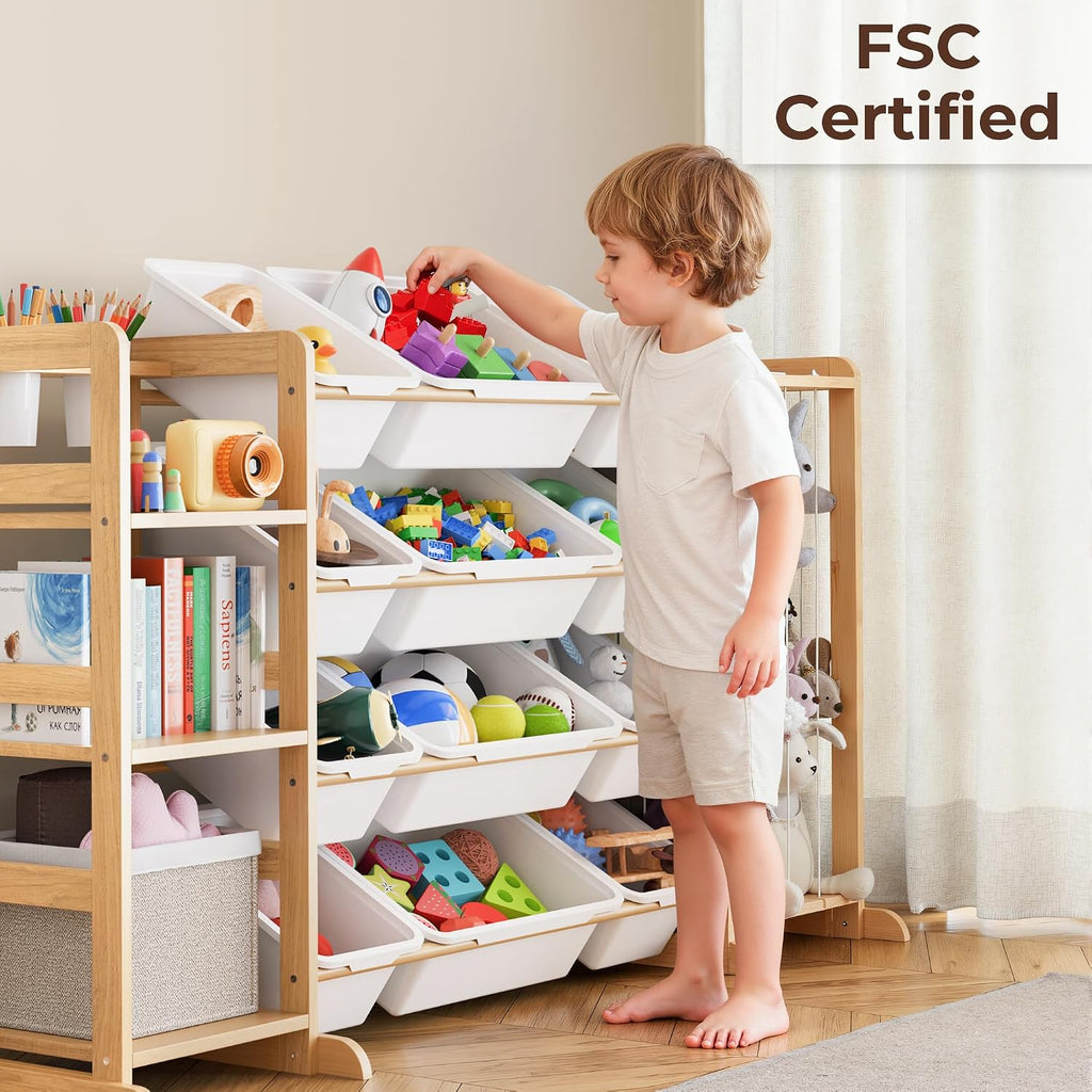Toy Storage Organizer with Bookshelf and Stuffed Animal Storage - Kids Playroom Organization with Shelves and 12 Toy
