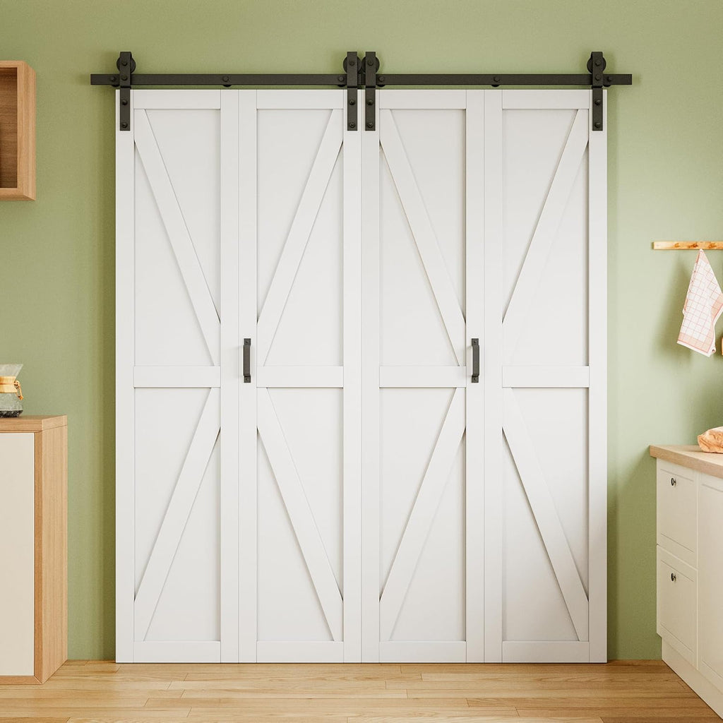 72" x 84" Pre-Assembled Solid Core Panels Bifold Barn Door, White Primed Finish Folding Barn Door wi