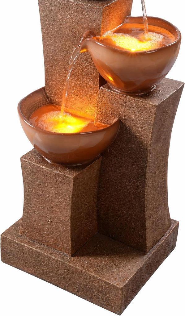 28.54 in. 3-Tier Cascading Outdoor Water Fountain with LED Lights for Gardens, Landscaping, Patios, Balconies, Lawns