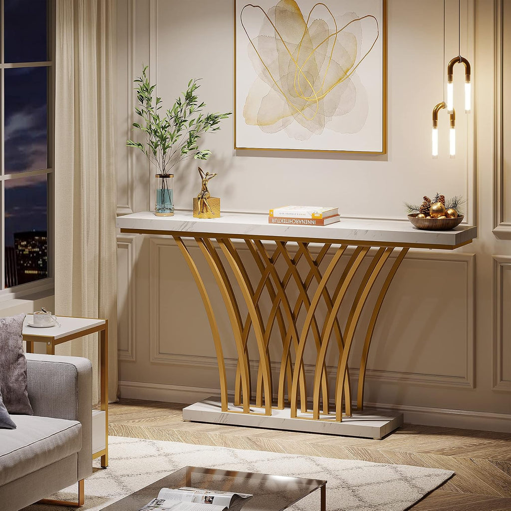59 inch Gold Console Table, Modern Entryway Table with Grid-Shaped Metal Base for Entrance, Hallway, Entryway, Living