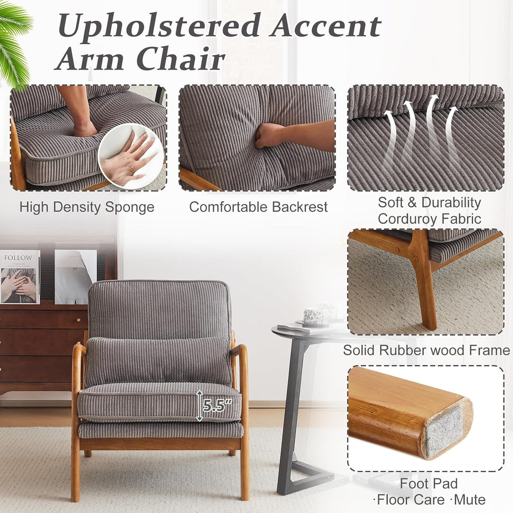 Upgraded Premium Corduroy Accent Chair,Upholstered Arm Chair,Solid Wood Comfy Reading Chair with Lumbar Pillow, Mid