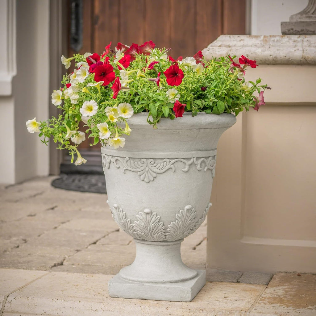 Antique White Urn Planter, Tall Outdoor Flower Pot for Garden and Patio, Classic Pedestal Design, Durable Magnesium