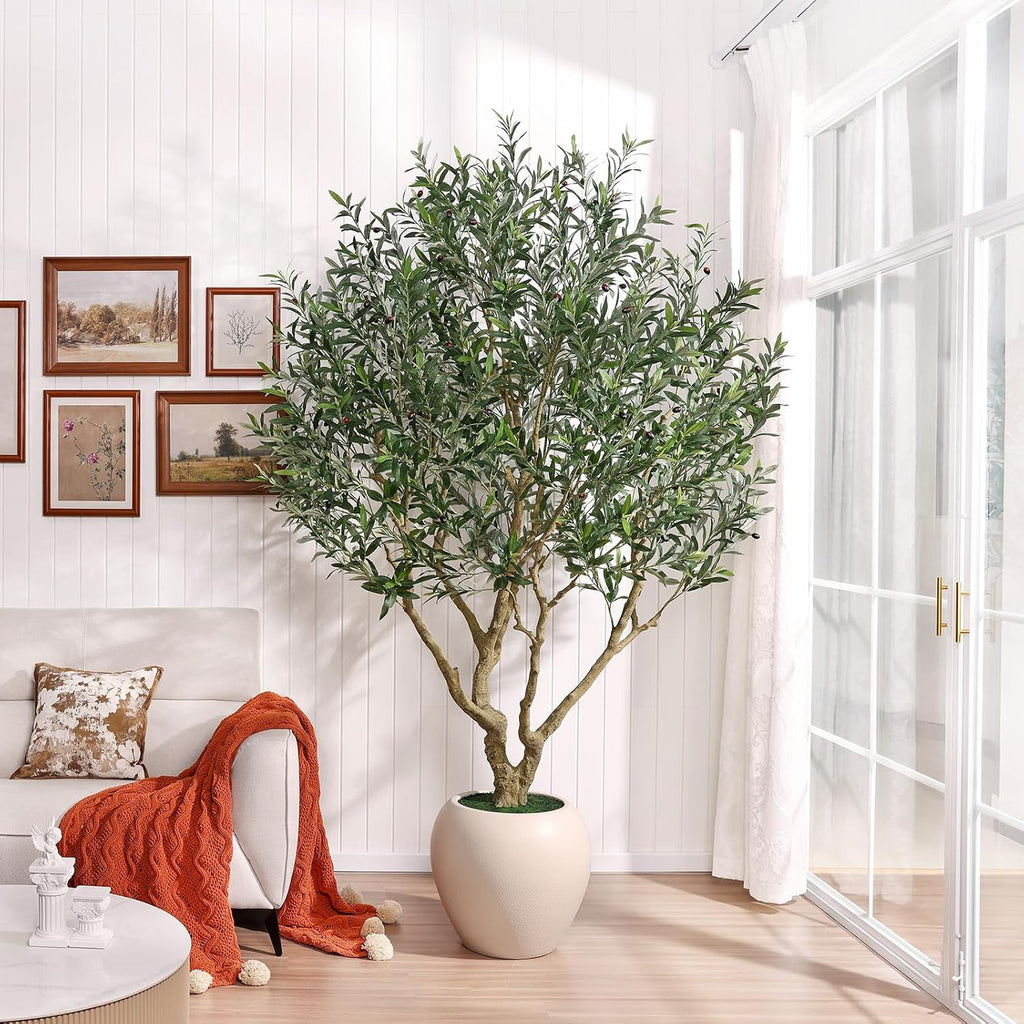 8ft Artificial Olive Tree, Natural Wood Trunk, 18in Planter