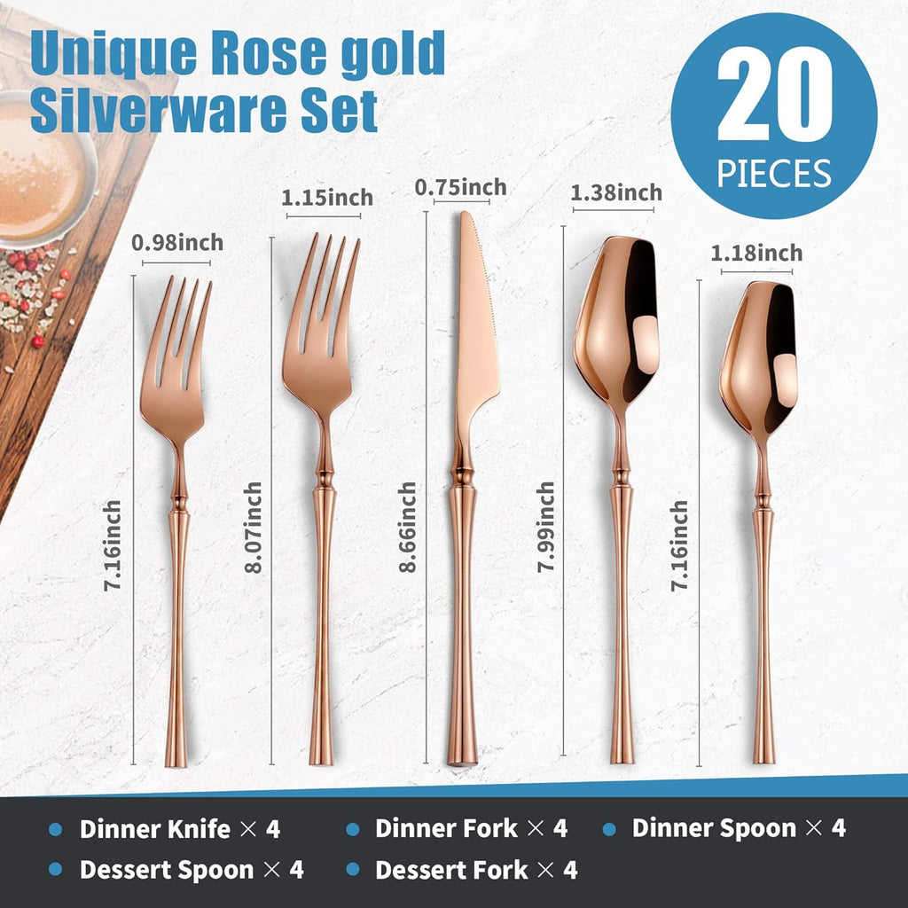 20-Piece Rose Gold Silverware Set for 4,Modern 18/10 Stainless Steel Flatware Set,Unique Rustic Cutlery Utensils Set