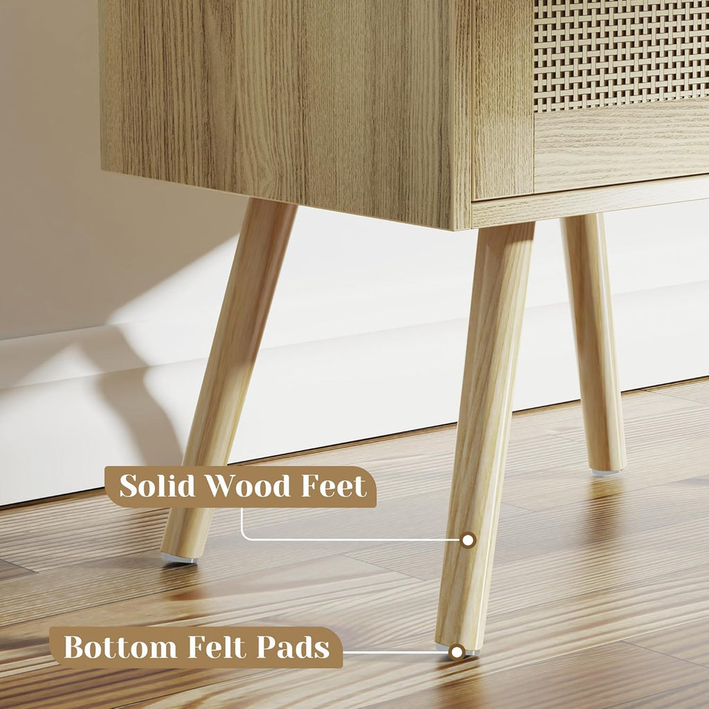 Nightstands Set of 2, Night Stands with Charging Station & PE Rattan Decor Drawer, Bed Side Tables with Solid Wood