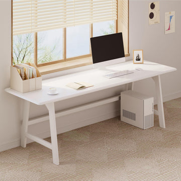Solid Wood Writing Table - 72" W Minimalist Long Computer Desk, White