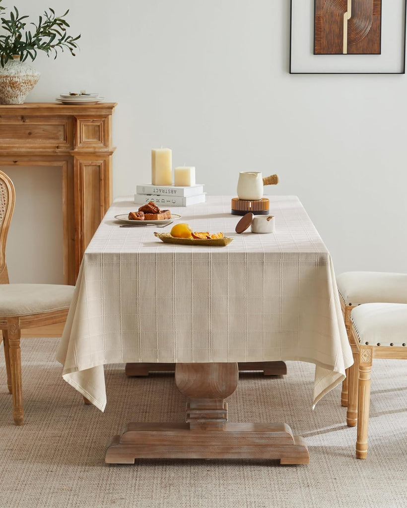 Linen Checked Table Cloth 52x70 Inches (Fit 3ft-4ft, Narrow Fit for 5ft Rectangle Table), Farmhouse 