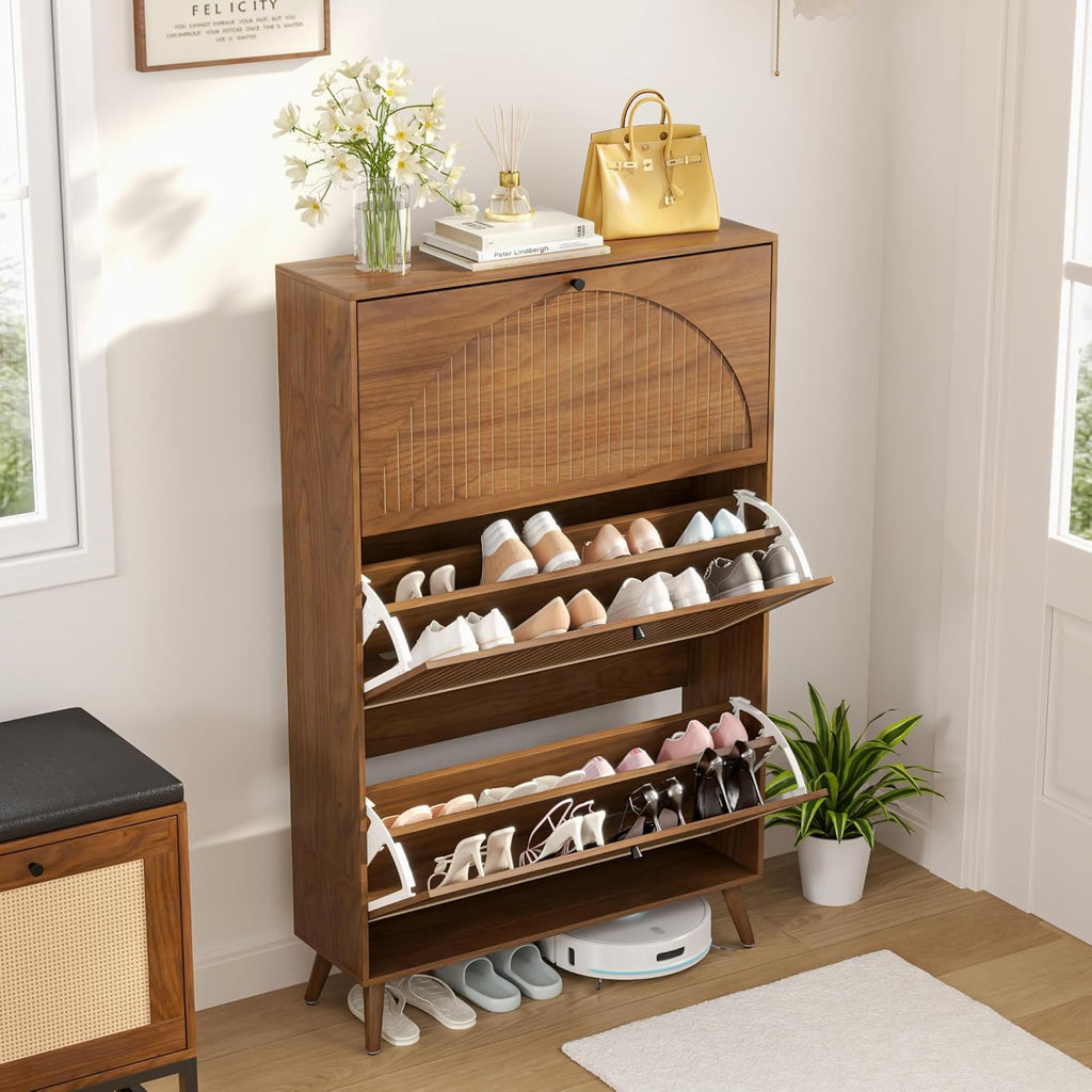 Shoe Storage Cabinet with 3 Flip Drawers, Narrow Shoe Organizer with Fluted Panel, Freestanding Wood Hidden Shoe