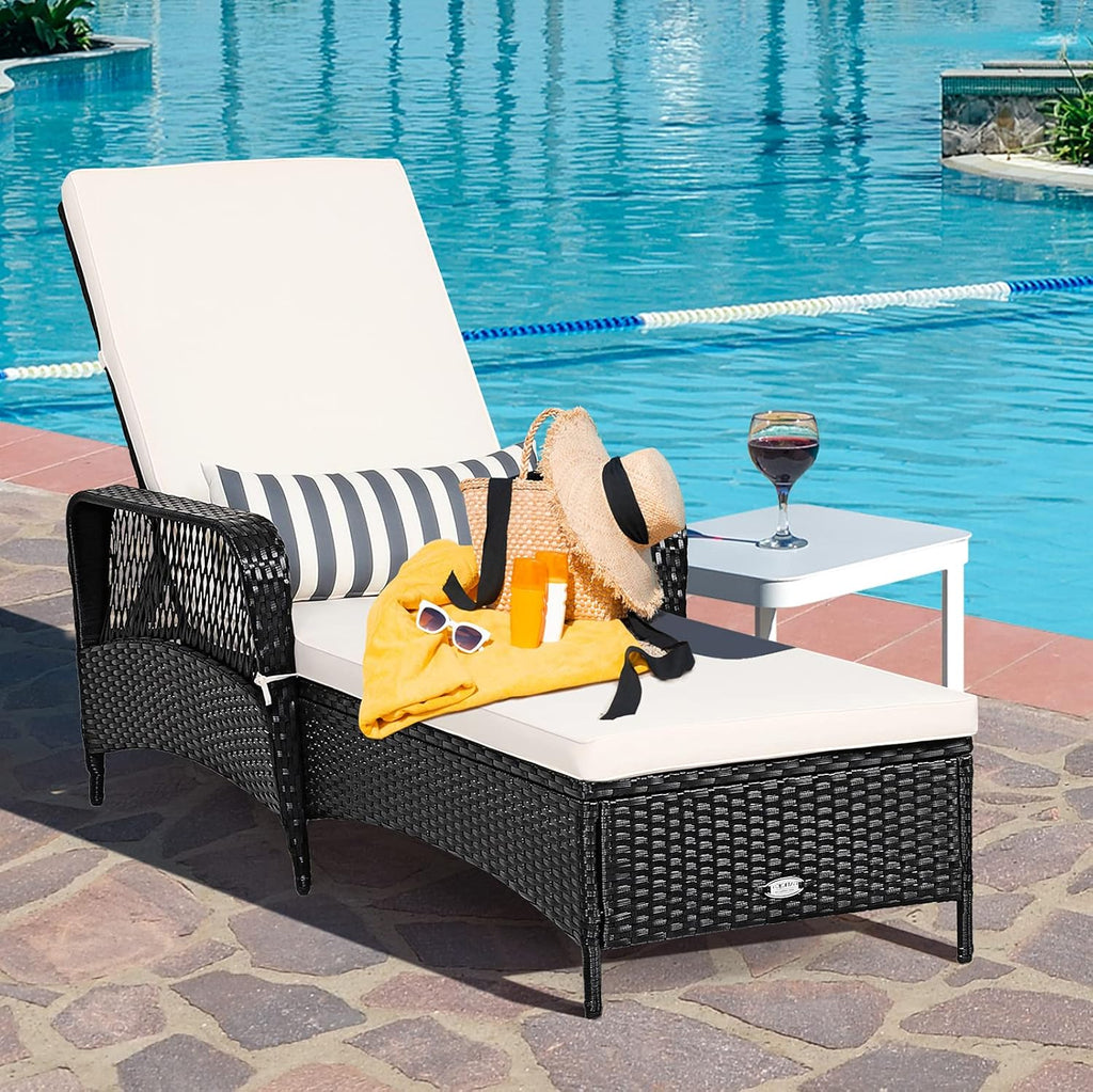 Wicker Chaise Lounge Outdoor, Patio Rattan Reclining Chaise with 6-Gear Adjustable Backrest
