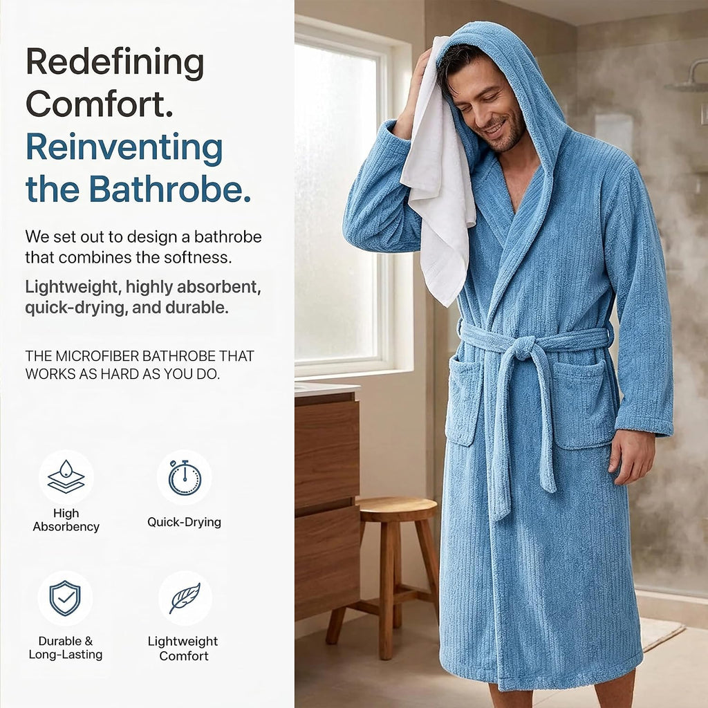 Men's Bathrobes with Hood, Soft Long Towel Robe for Men - Super Absorbent Quick Dry yet Warm