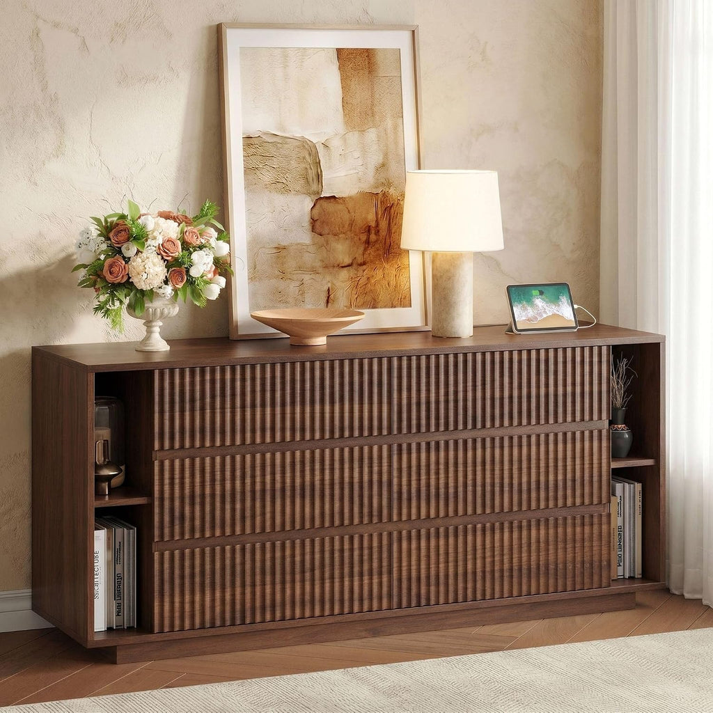 63 Inch Fluted 6 Drawers Dresser with Shelves, Walnut | Large Chest of Drawers , Mid Century Modern, Wood Closet