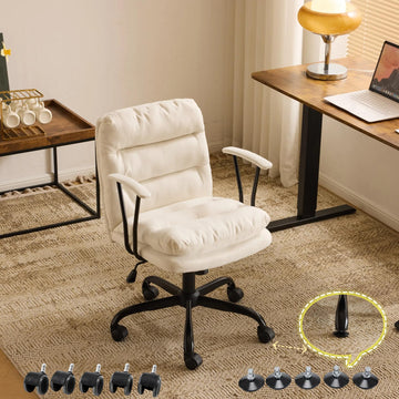 Padded White Desk Chair with/No Wheels, Dual-Base, Removable Armrests, Adjustable Comfy Rolling Swivel Computer Task