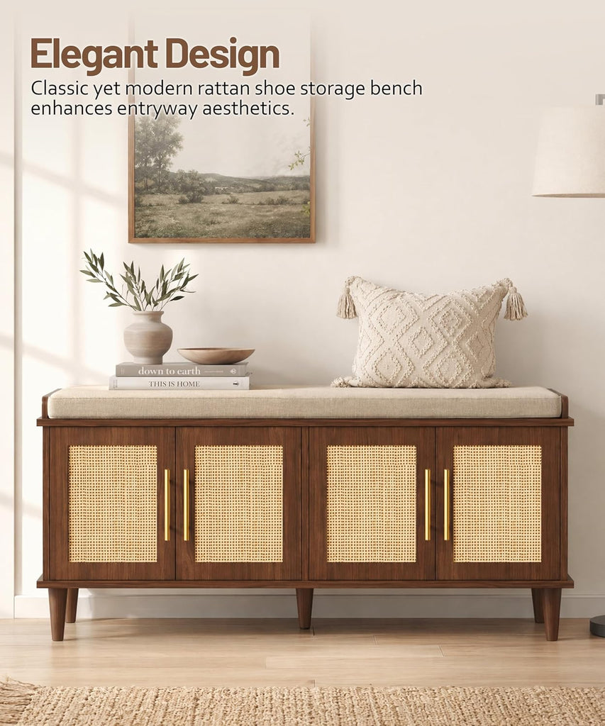 Rattan Shoe Storage Bench with Cushion, 2-Tier Entryway Bench with Adjustable Shelves and 4 Doors, 15" D x 47.2" W x