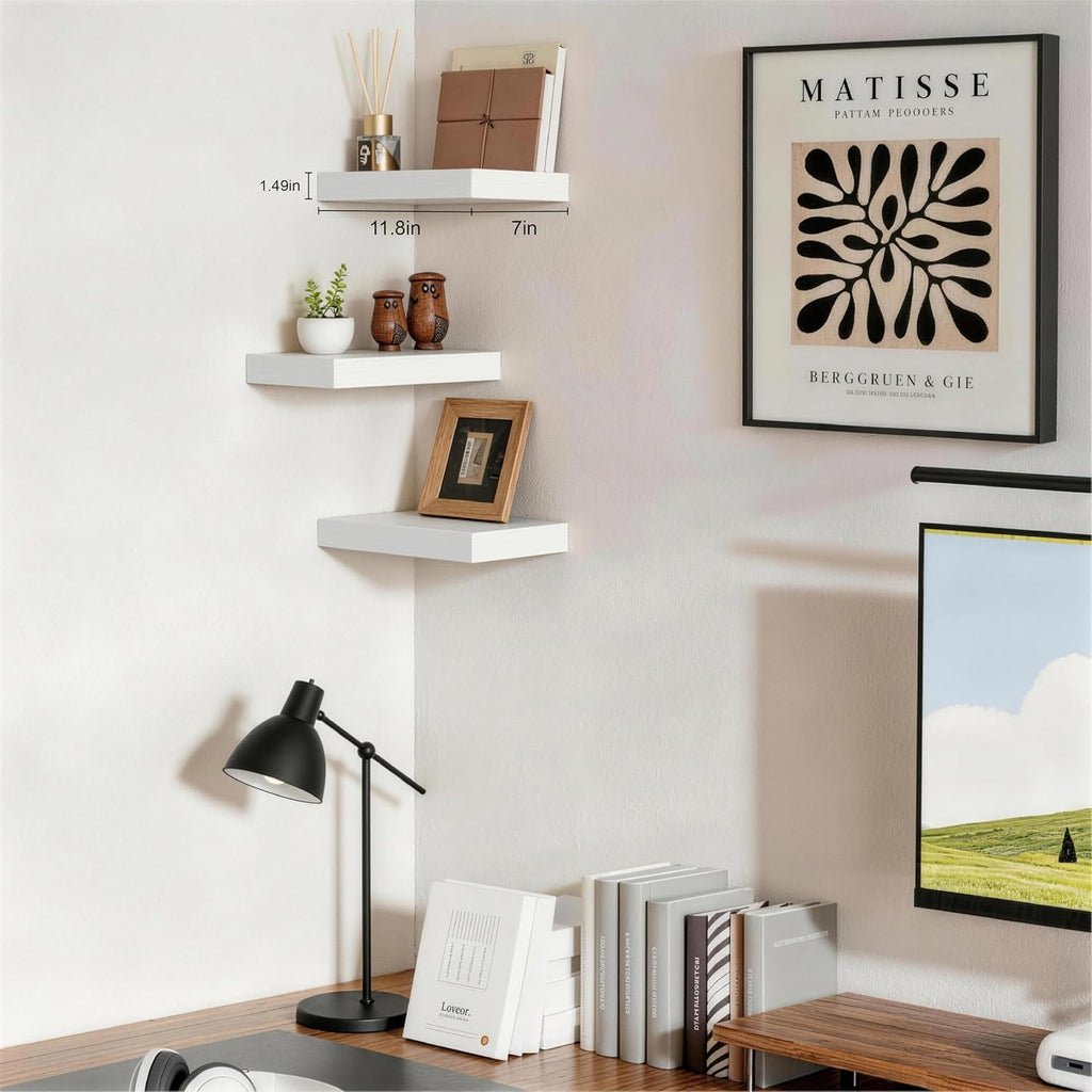 Floating Shelves, White Wooden Set of 3, 12" x 7" x 1.5" | Bathroom Shelves Over Toilet, Wall Mounted Hanging Shelves