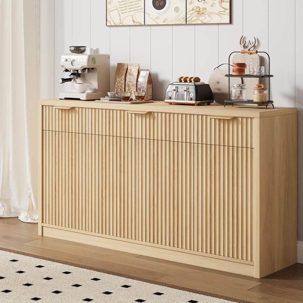 55" Buffet Sideboard Cabinet, Modern Fluted Storage Cabinets Natural