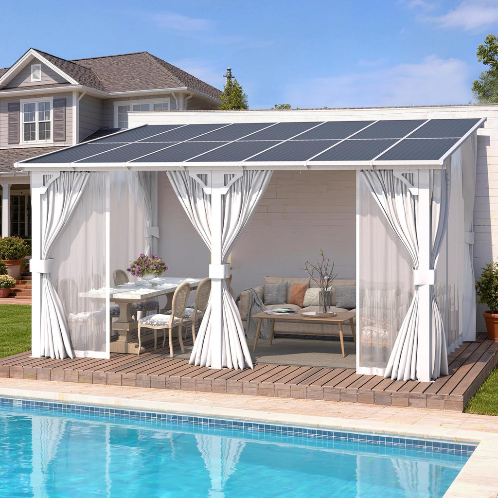 14'x10' Outdoor Lean to Gazebo with Curtains and Mosquito Netting for Patio