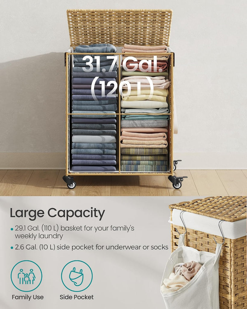 Laundry Hamper with Lid, 31.7 Gallons (120 L), Rolling Laundry Basket with Wheels, Synthetic Rattan, Removable Liner