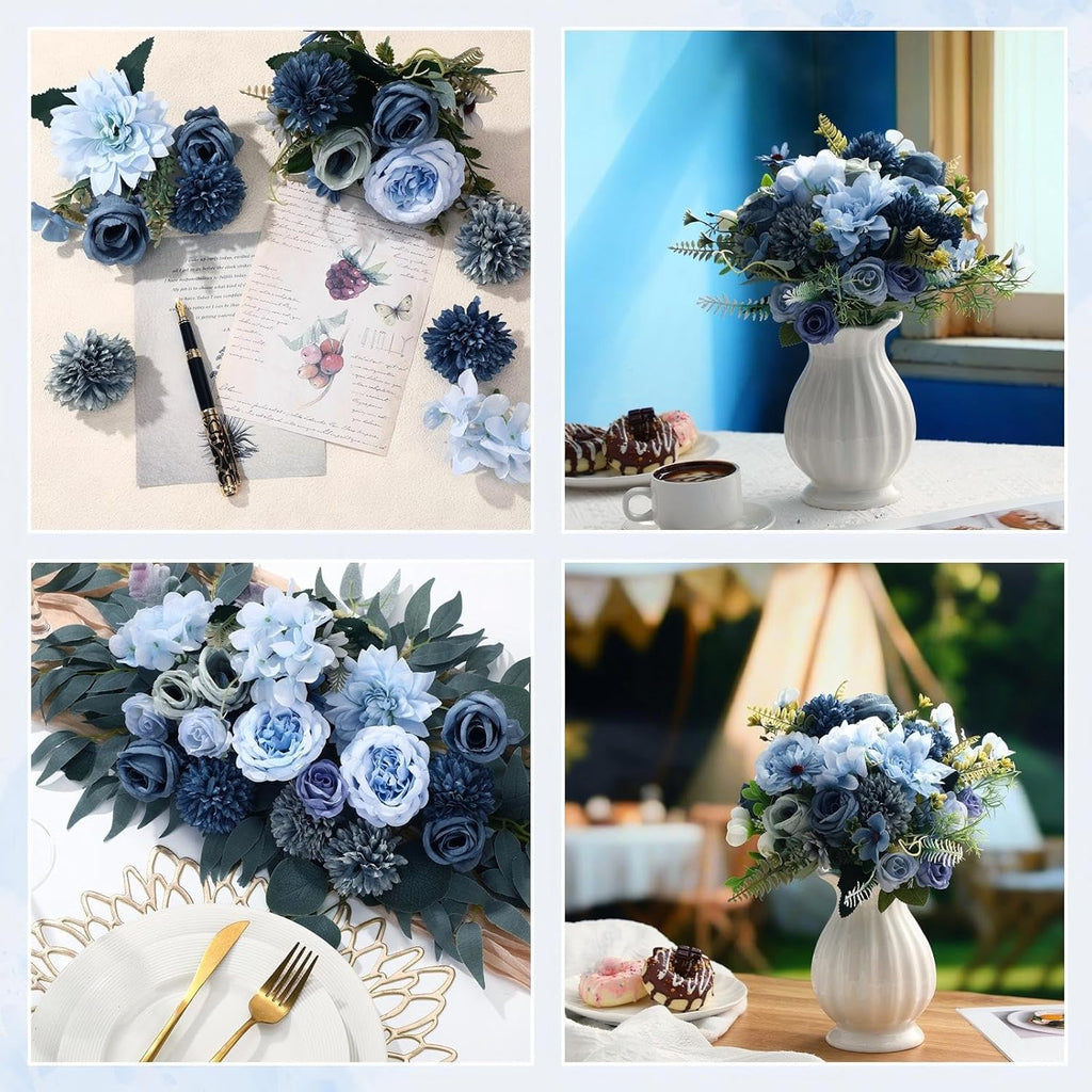 8 Pcs Gradient Blue Artificial Flowers Bouquet Peonies Silk Dahlia Faux Rose Fake Chamomile Hydrangea Floral