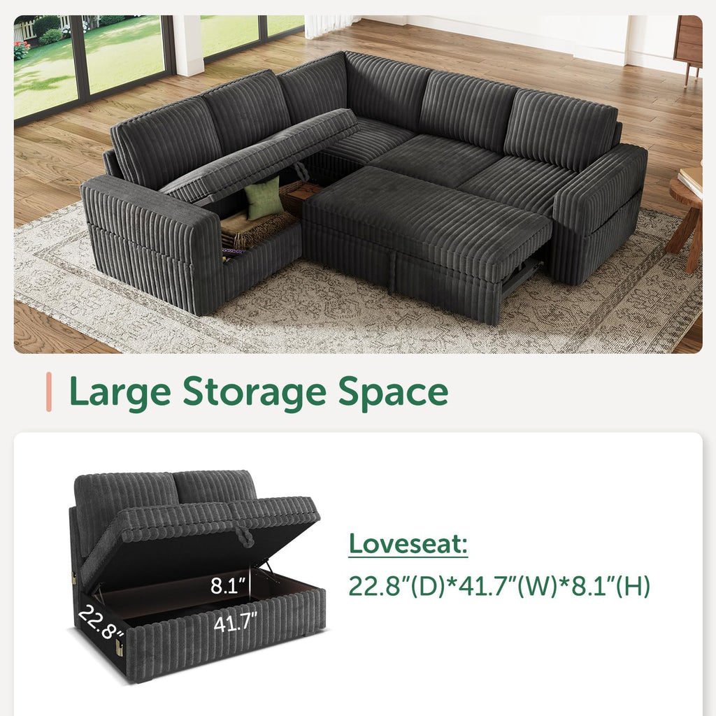 Modular Sectional Sleeper Sofa with Pull Out Bed,Corduroy L Shaped Couch with Storage, Sectional Couches ,Dark Grey