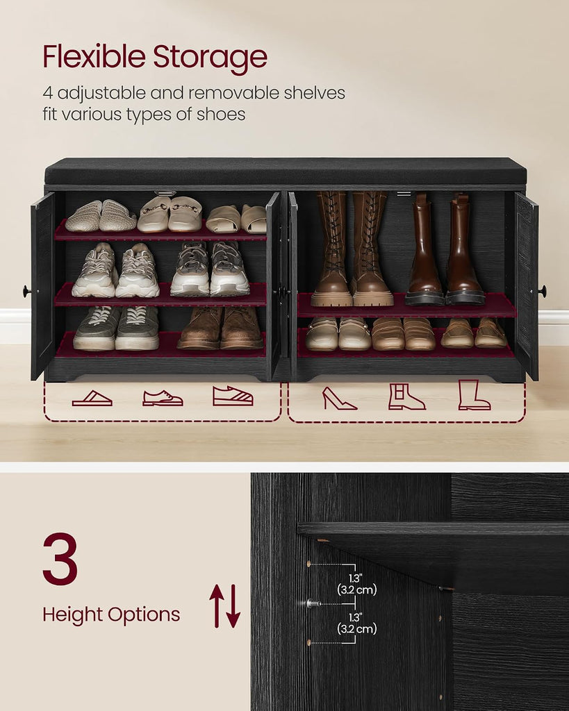 Shoe Storage Bench with Cushion, 3-Tier Entryway Bench with Padded Seat, Doors, Adjustable Shelves, 14 x 47.6 x 20.7