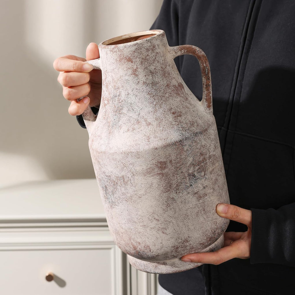 Ceramic Flower Vase with Handles, 11 Inch Tall Rustic Vase, Large Terracotta Pottery Vase