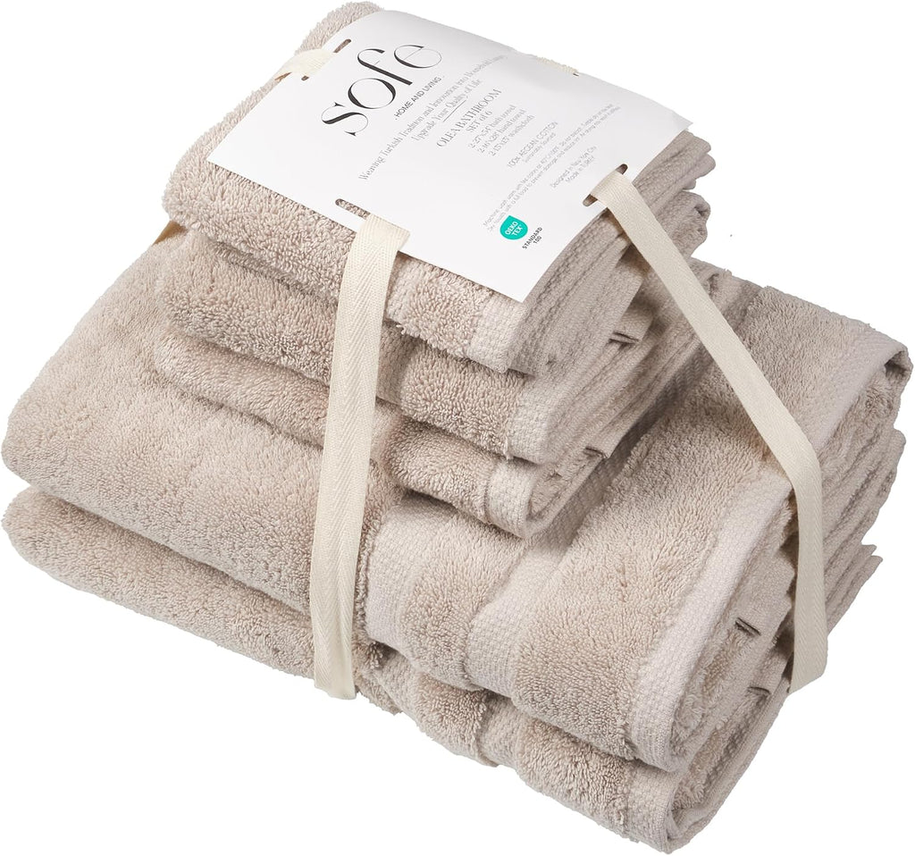 H&L | Olea Luxury Turkish Cotton Bath Towels Set of 6 : 2 Bath Towels 2 Hand Towels 2 Wash Cloths, Sand | Thick