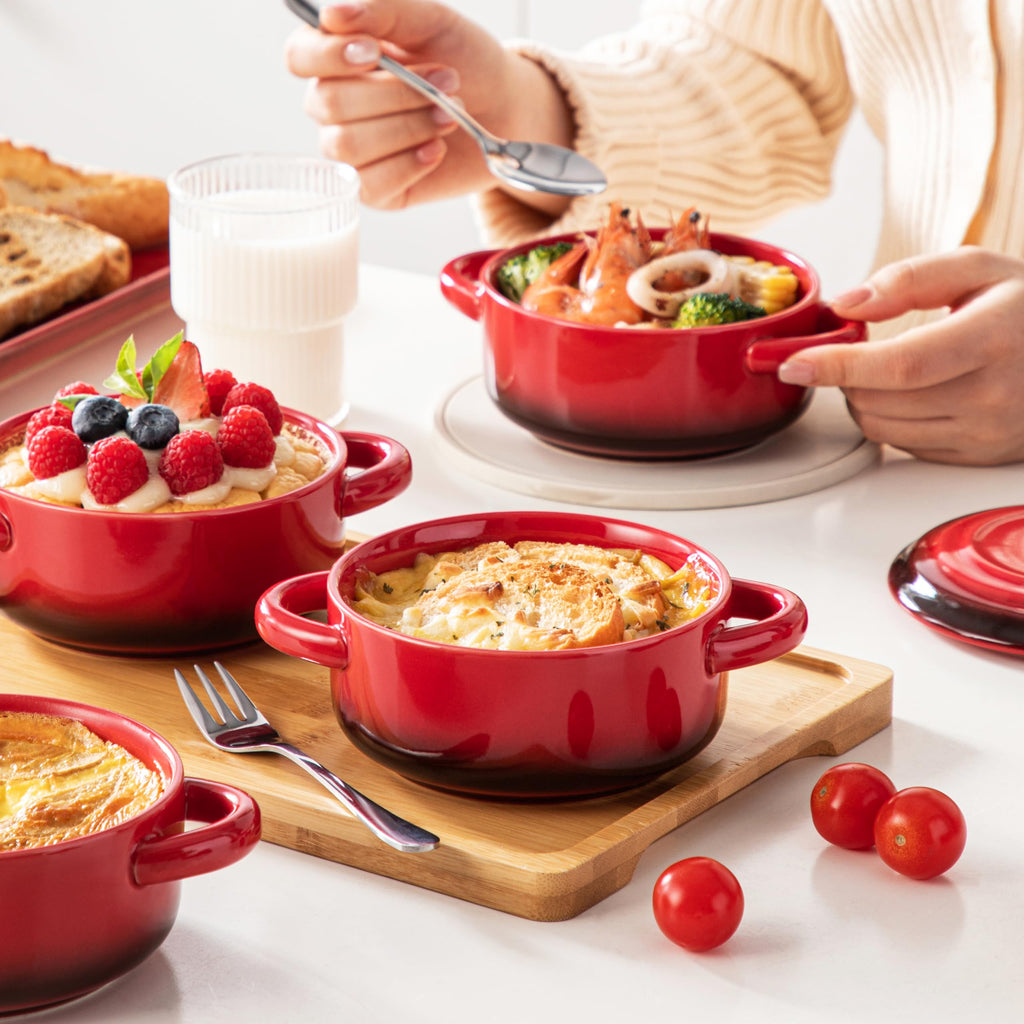 Mini Cocotte Set, 12 OZ Small Casserole Dishes with Lids, Soup Bowls With Handles, Individual Baking Ramekins, Oven