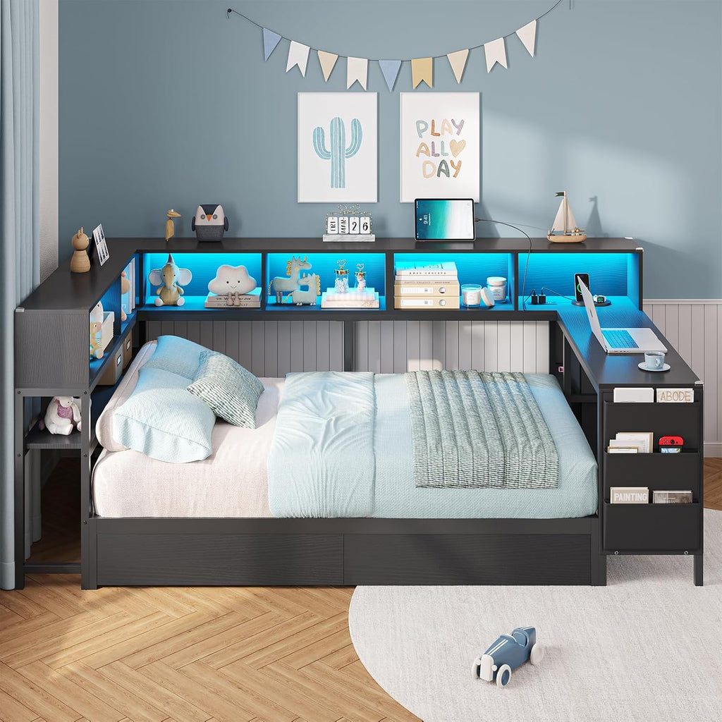 Corner Twin Bed Frame with Desk,Charging Station and Bookcase Storage Twin Size Daybed for Kids/Teen with Storage