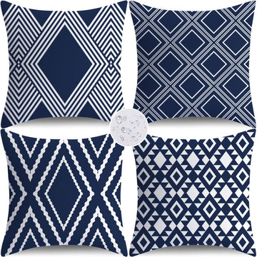 Outdoor Waterproof Pillow Covers 18x18 Set of 4 Navy Blue and White Modern Geometry Decorative Outdoor Throw Pillows