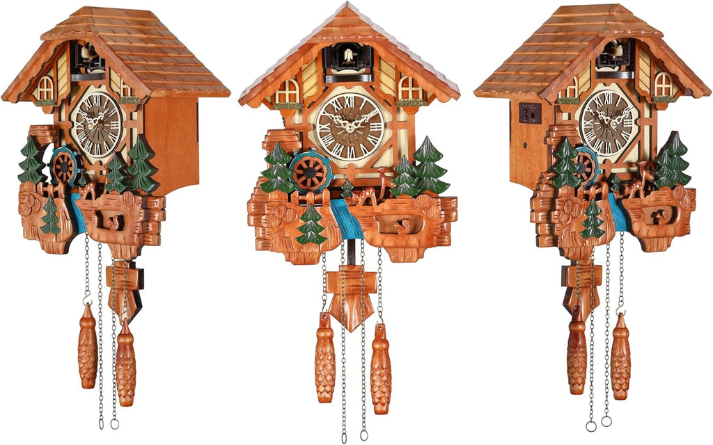 Kintrot Cuckoo Clock, Handcrafted Traditional Black Forest Chalet Style Wooden Wall Clock with Singing Bird, Rotating Waterwheel, and 12...