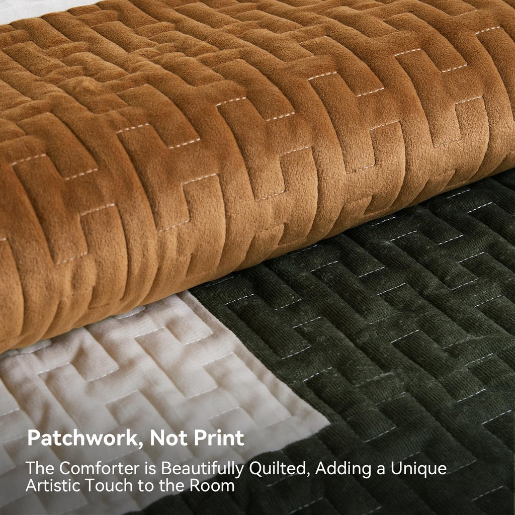 Velvet Quilt Set, Luxury Patchwork Design, Green Caramel
