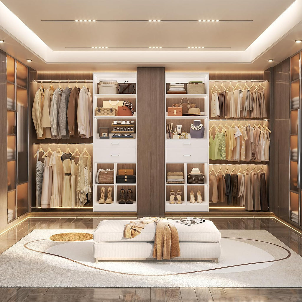 Closet System, 4-8 FT Closet Organizer Tower with 2 Wooden Drawers and Shelves, Can Fit 60 to 96 inch Walk-in Closet