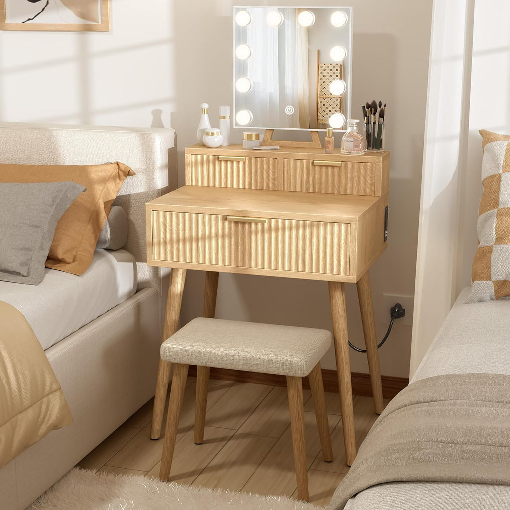 Small Vanity Desk with Hollywood Mirror and Lights, Girls Vanity with Stool, Fluted Vanity Set, Compact Make Up Table