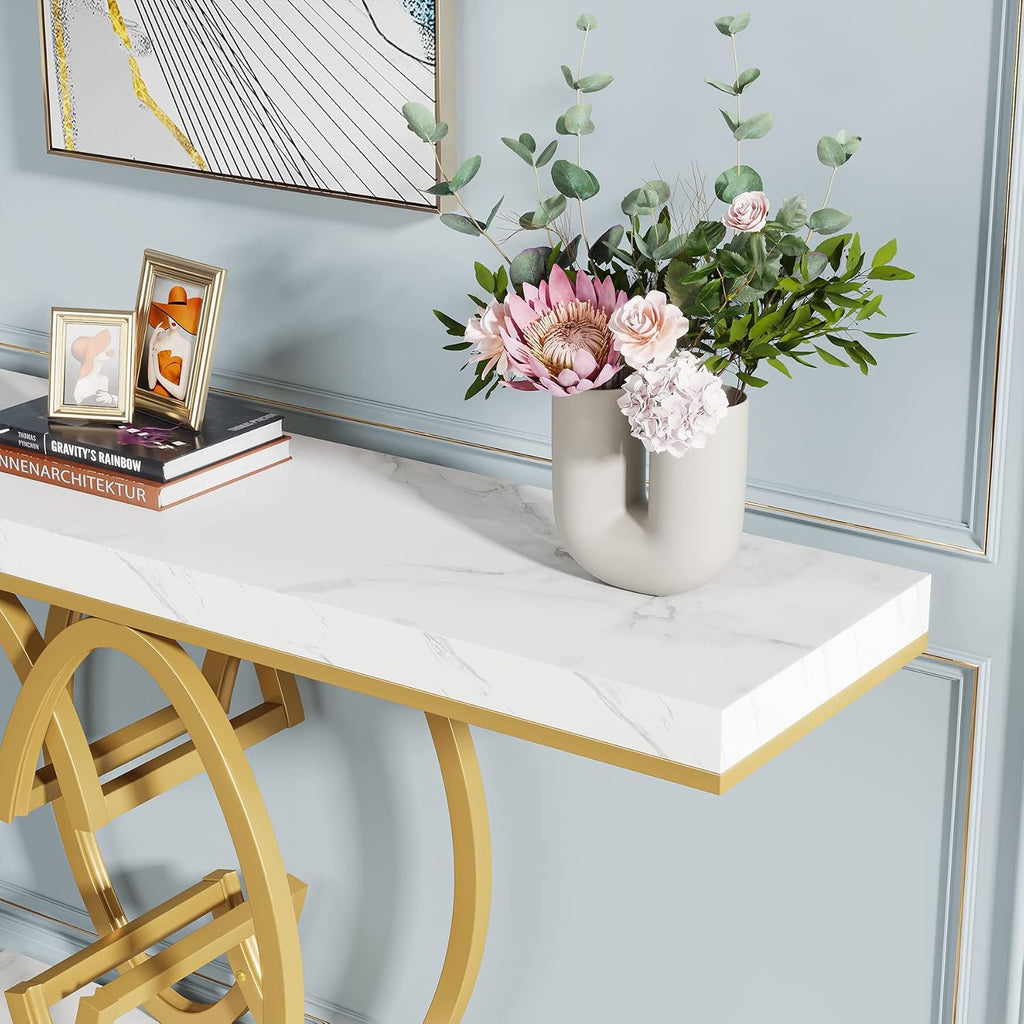 55 Inch Console Table , Faux Marble Gold Entryway Table with Geometric Metal Base, Modern Narrow Sofa Accent Table