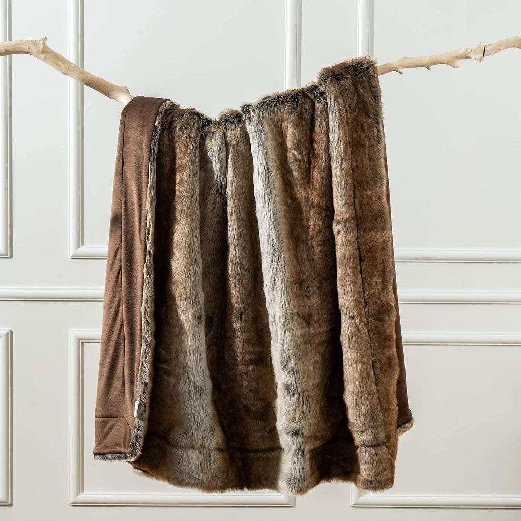 Luxury Brown Faux Fur Blanket Thick Warm Elegant Cozy Fuzzy Throw, 50"x60"