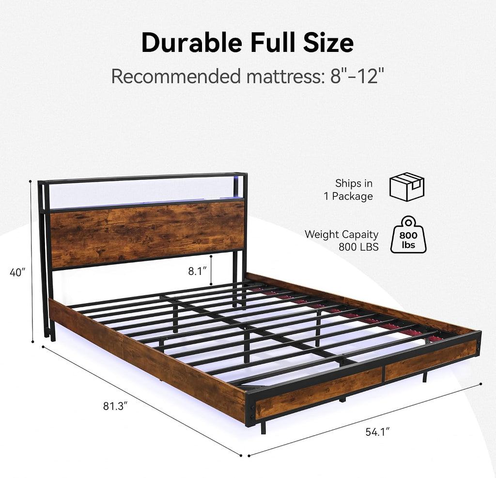 Full Bed Frame with 2-Tier Storage Headboard