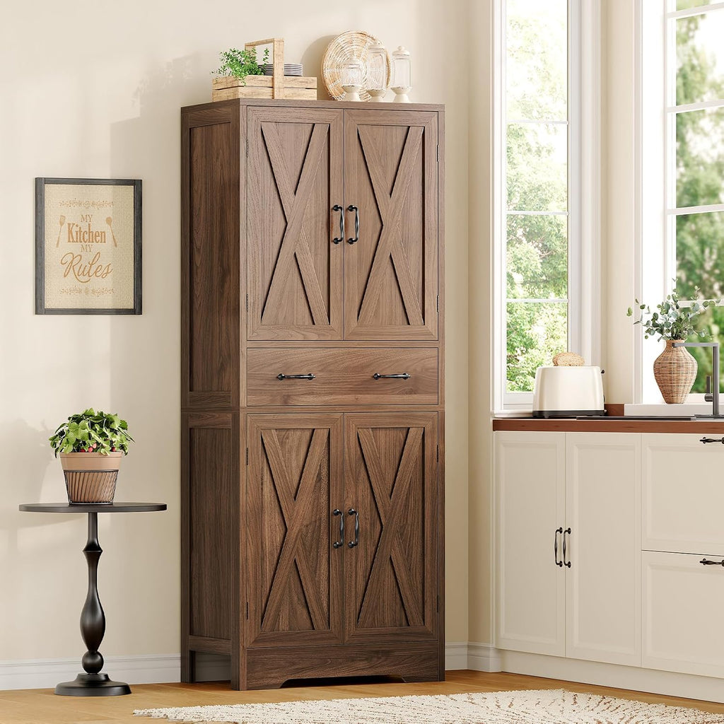 Tall Storage Cabinet with 2 Adjustable Shelves & 1 Large Drawer, Kitchen Pantry Cabinet with 4 Doors, Bathroom