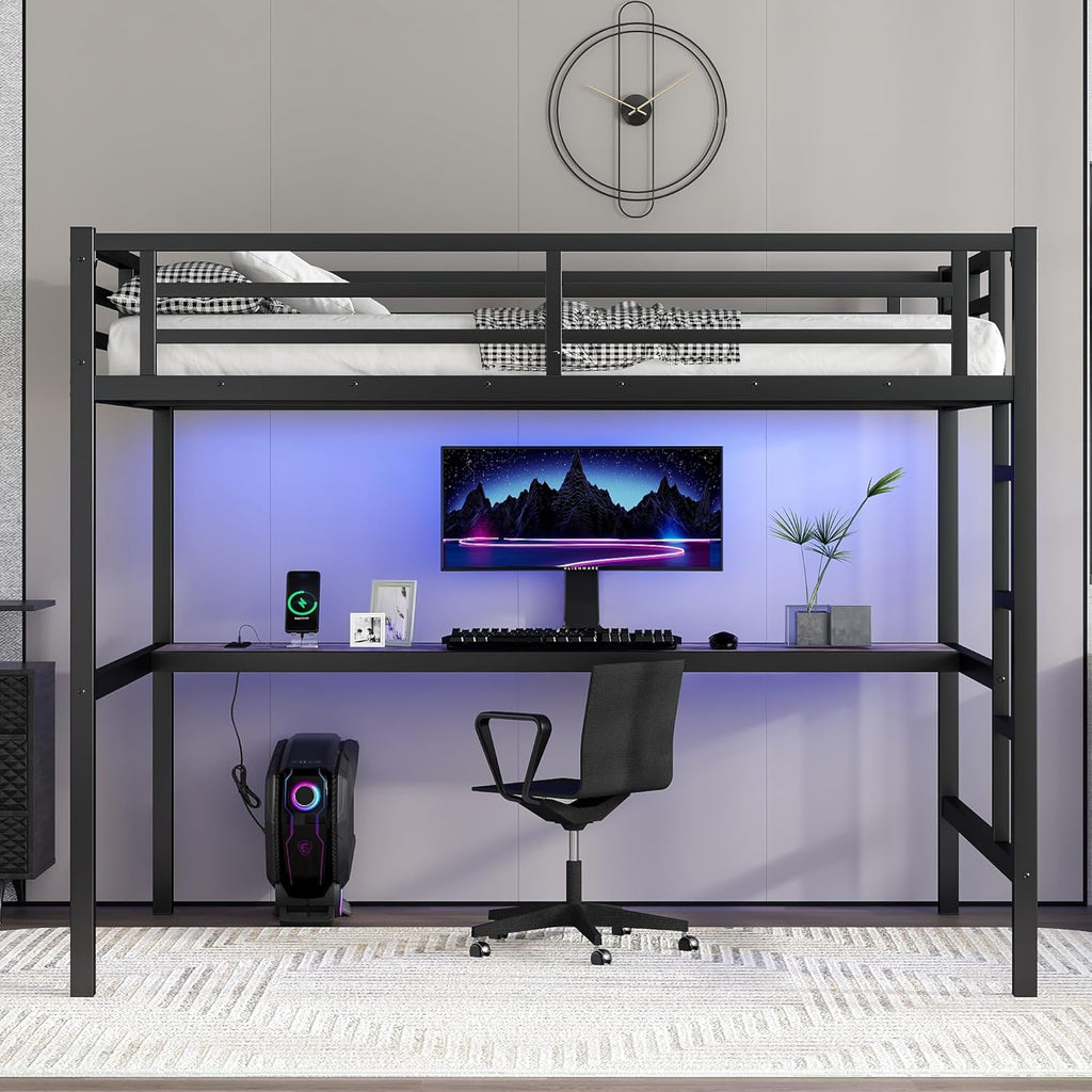 Full Metal Loft Bed with Desk and LED Lights,Heavy Duty Loft Bed Frame with Charging Station and USB for
