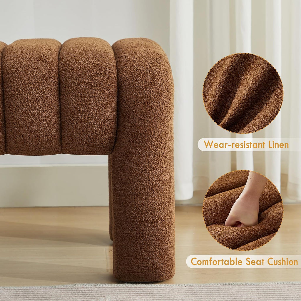 63" Upholstered Boucle Bench, Rust Brown | Padded King Size Long Ottoman, Sherpa Window Seat, Bedroom, Living Room