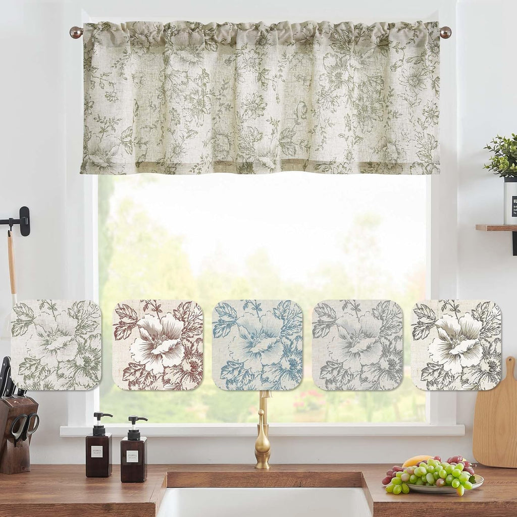 Linen Valance Curtain Farmhouse Sage Green Floral Window Valance, French Country Flower Drapes for Kitchen