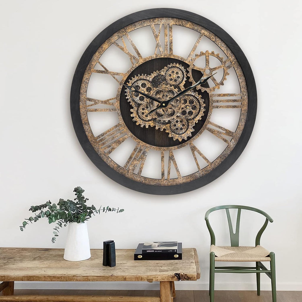 Wall Clock for Living Room Decor, Large, 24 in (60cm), Moving Gear, Farmhouse Vintage Industrial Oversized Wall Clock
