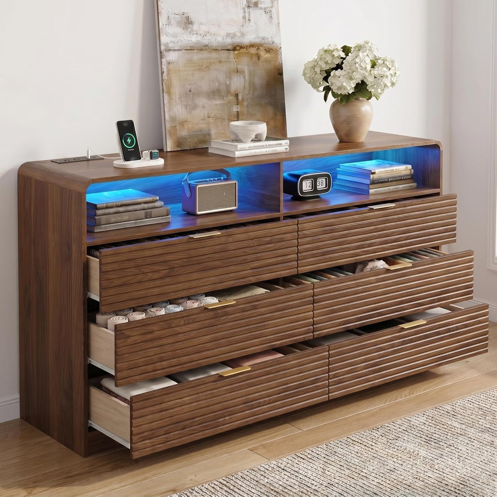 55'' Wide Fluted 6 Drawers Dresser with 2 Cubbies, LED Dressers & Chests of Drawers with Power Outlet, Fluted Dresser