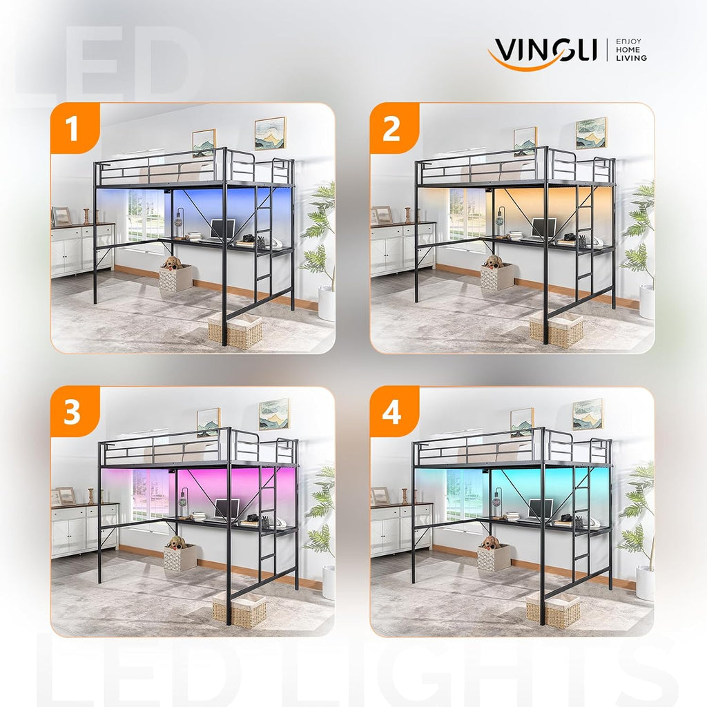 Full Metal Loft Bunk Bed Frame for Kids Teens Adults with Desk Underneath,2 Charging Station,LED Lights,Safety