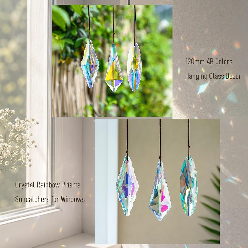 3PCS Crystal Suncatcher Prism, AB Rainbow Maker for Window - Faceted Geometric Glass Prisms, Hanging Crystal Ornament