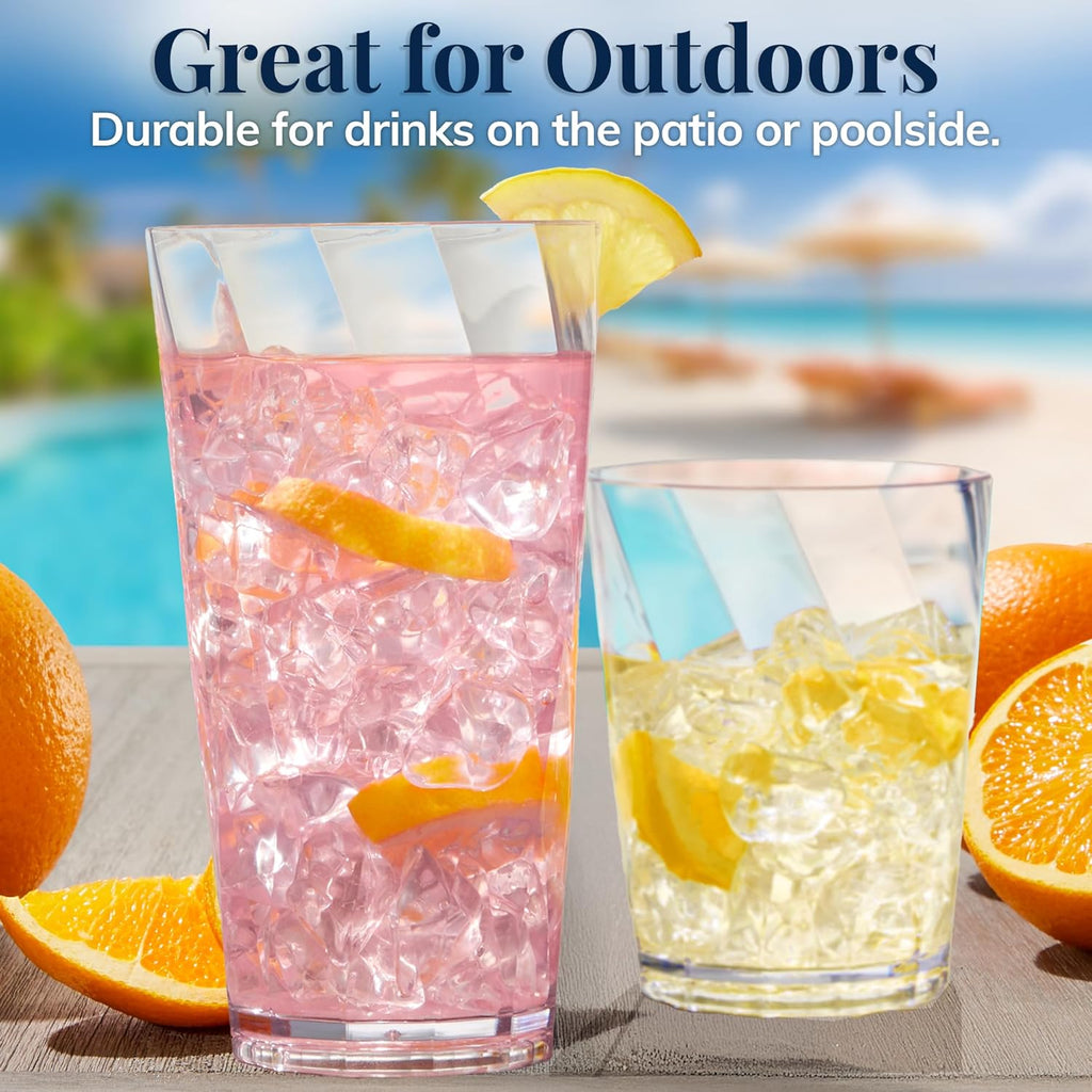 Optix Plastic Reusable Drinking Glasses (Set of 16) 14oz Rocks & 20oz Water Cups in Clear | BPA-Free Tumblers, Made