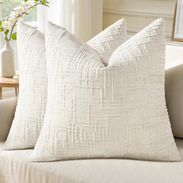 Summer Cream White Chenille Throw Pillow Covers 18x18 Set of 2 Textured Cozy Slubby Couch Pillow Covers Modern