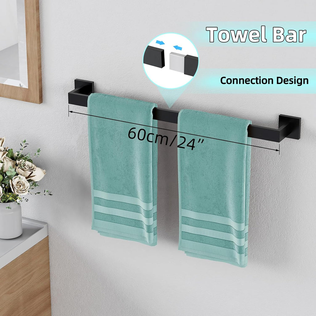 5-Pieces Matte Black Bathroom Hardware Accessories Set, 24 Inch Stainless Steel Towel Racks , Towel Bar Set Towel